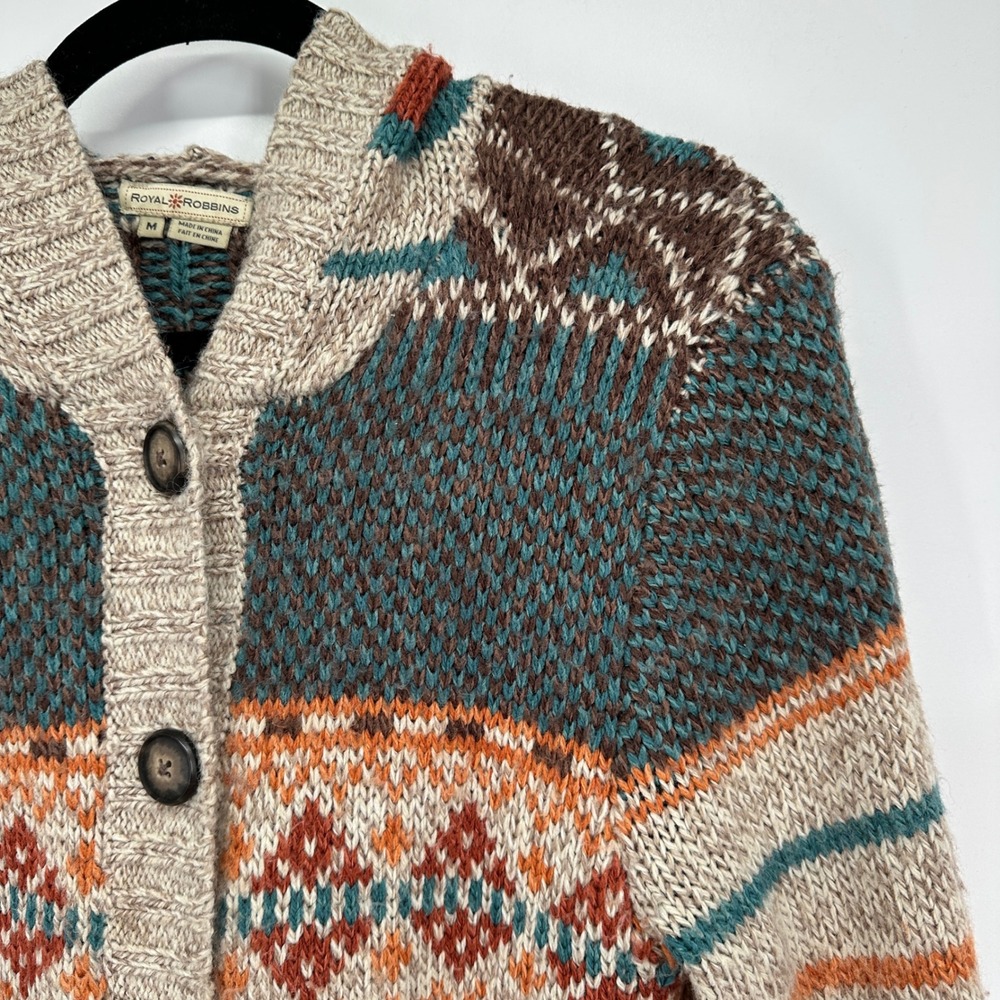 Royal Robbins Hooded Cardigan Sweater M Wool Blend Southwest Pattern - Picture 2 of 7